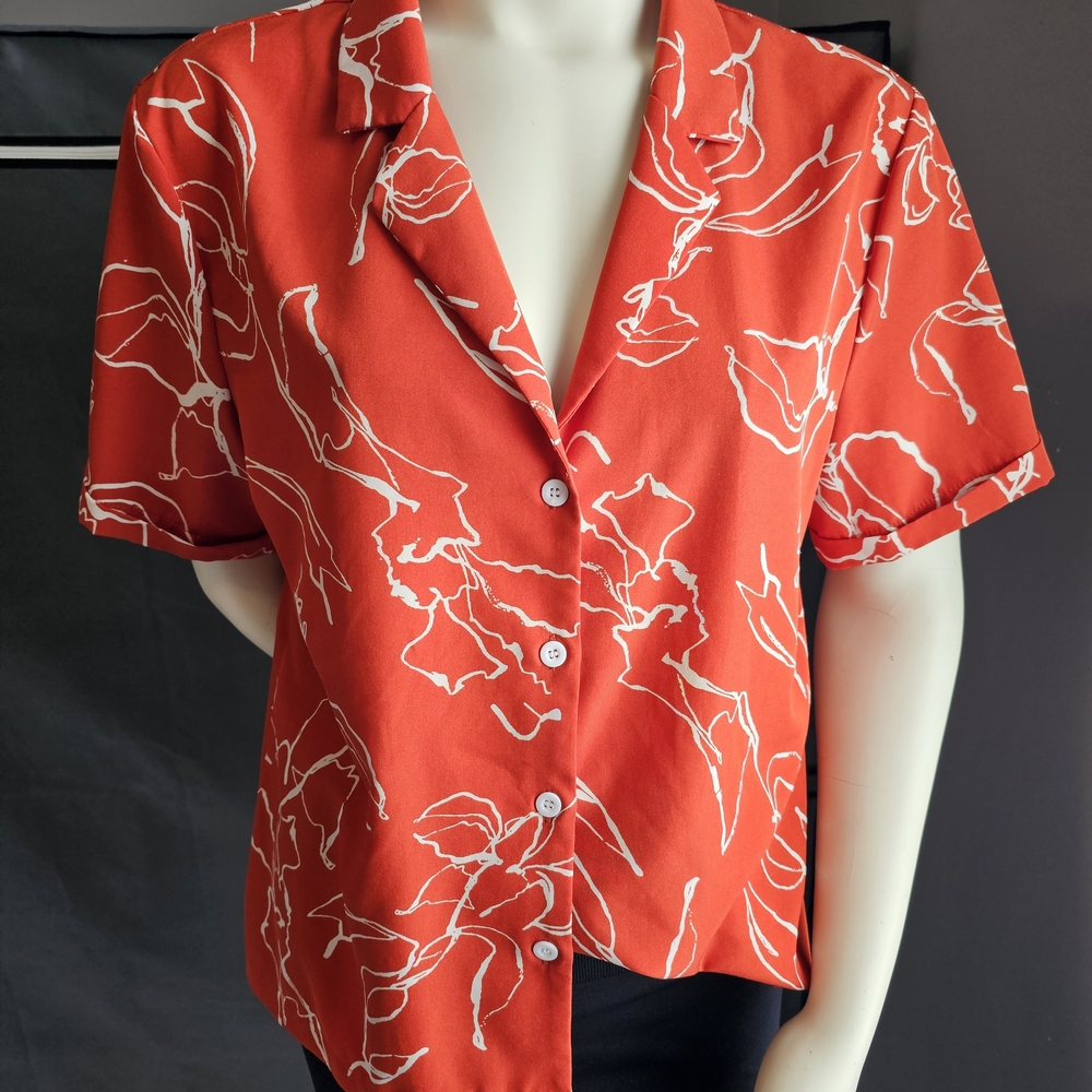 SHEIN Red and White Floral Button-Down Shirt